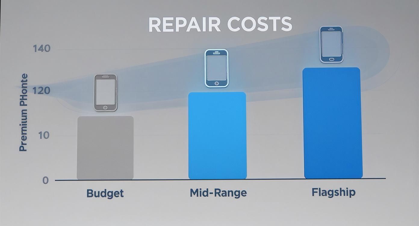 Infographic showing the relative screen replacement cost for budget, mid-range, and flagship Samsung phones.