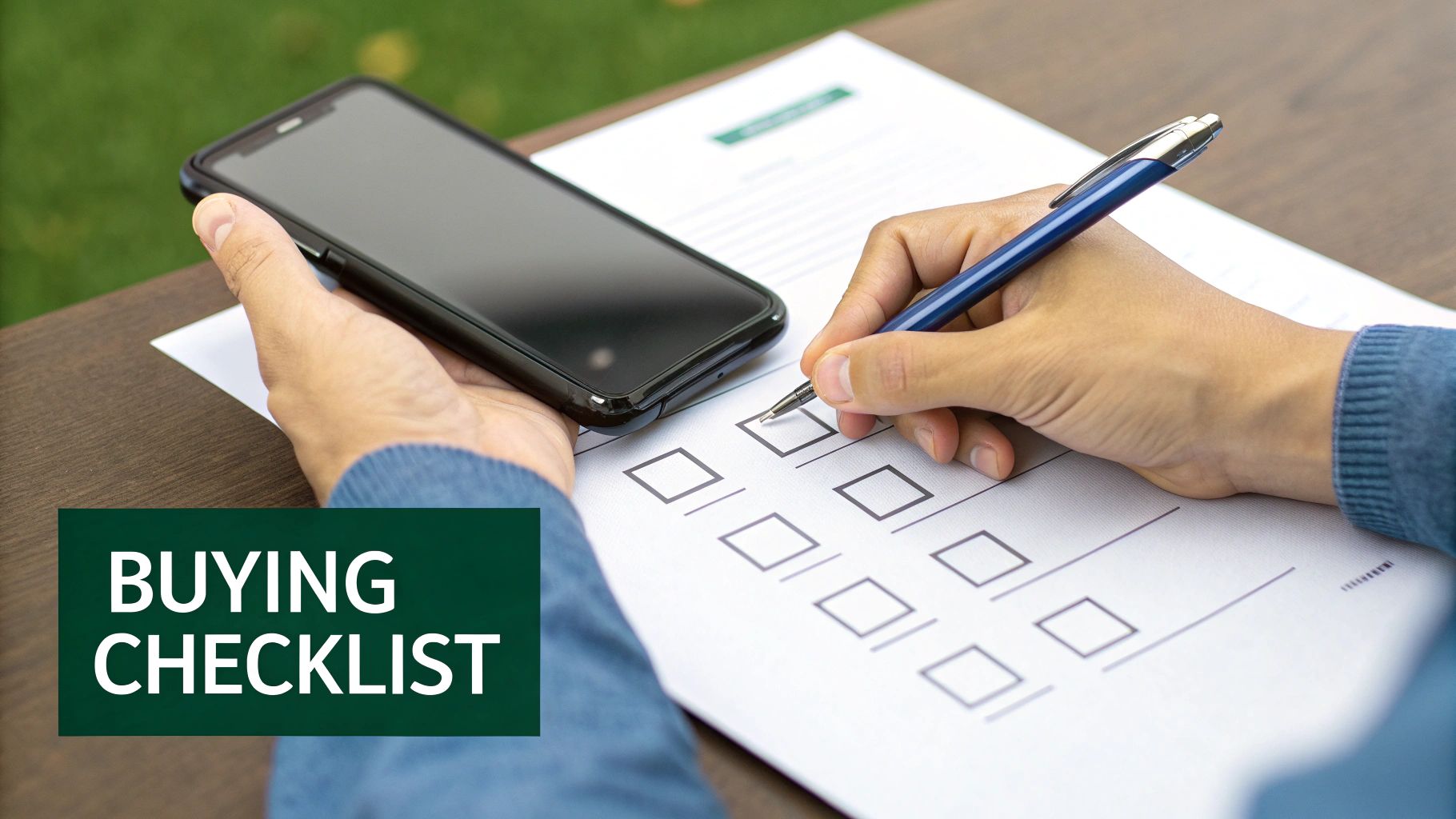A person holding a refurbished iPhone, looking at the screen with a curious expression.