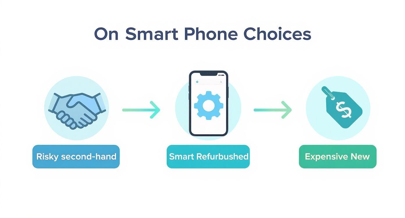 Infographic showing smartphone buying options from risky second-hand to smart refurbished to expensive new