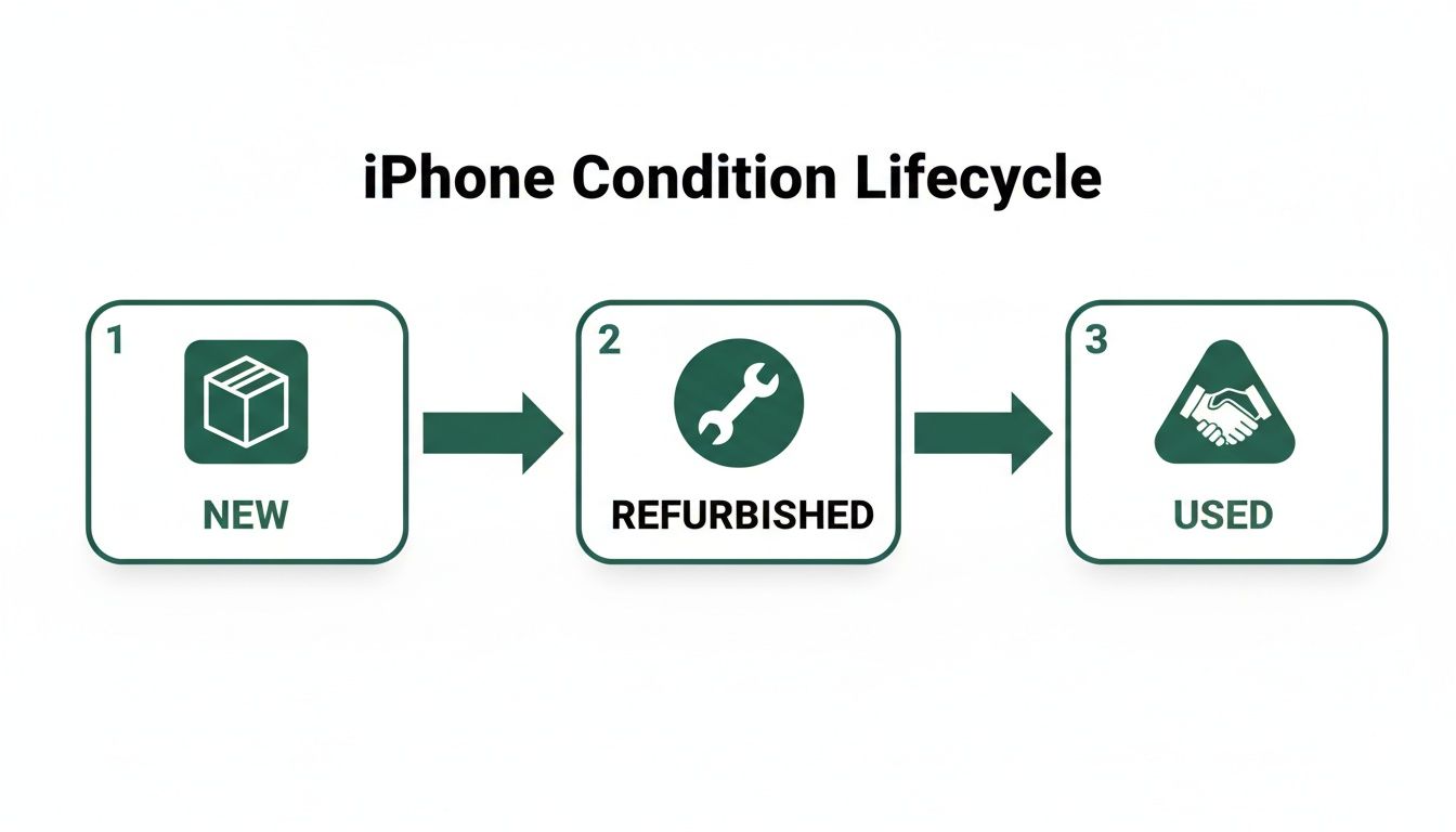 Flowchart illustrating the iPhone condition lifecycle: new, then refurbished, then used.