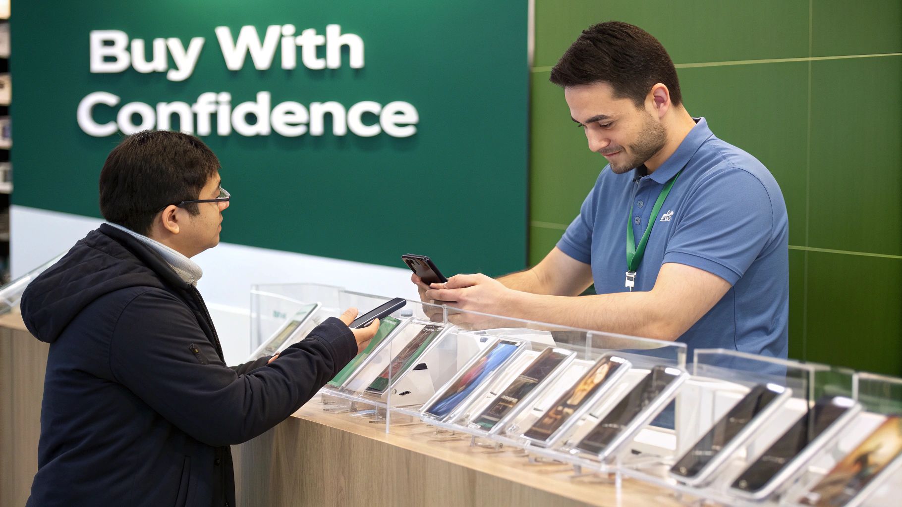 Sales assistant helping customer compare smartphones at retail store display counter in Brisbane