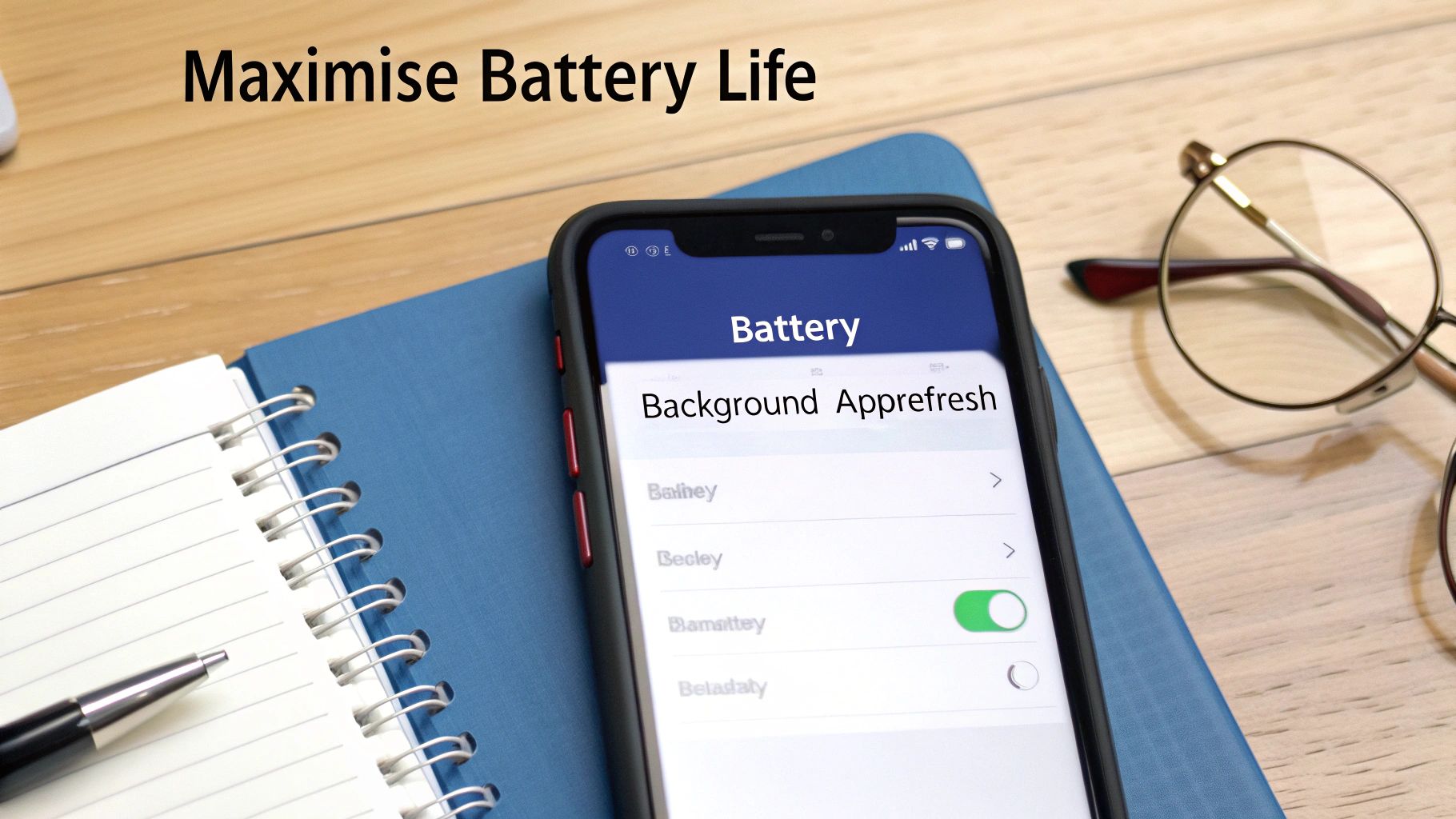 A smartphone displaying 'Battery' settings with 'Background Apprefresh' and text 'Maximise Battery Life' on a wooden desk.