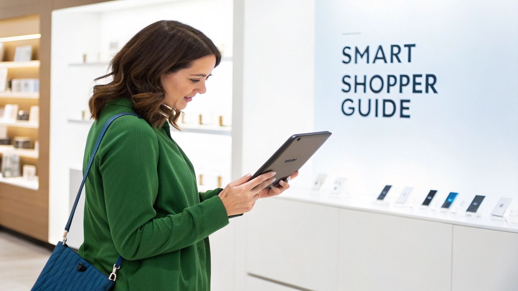 A smiling woman in a green shirt uses a tablet in a modern store, with a 'Smart Shopper Guide' display in the background.