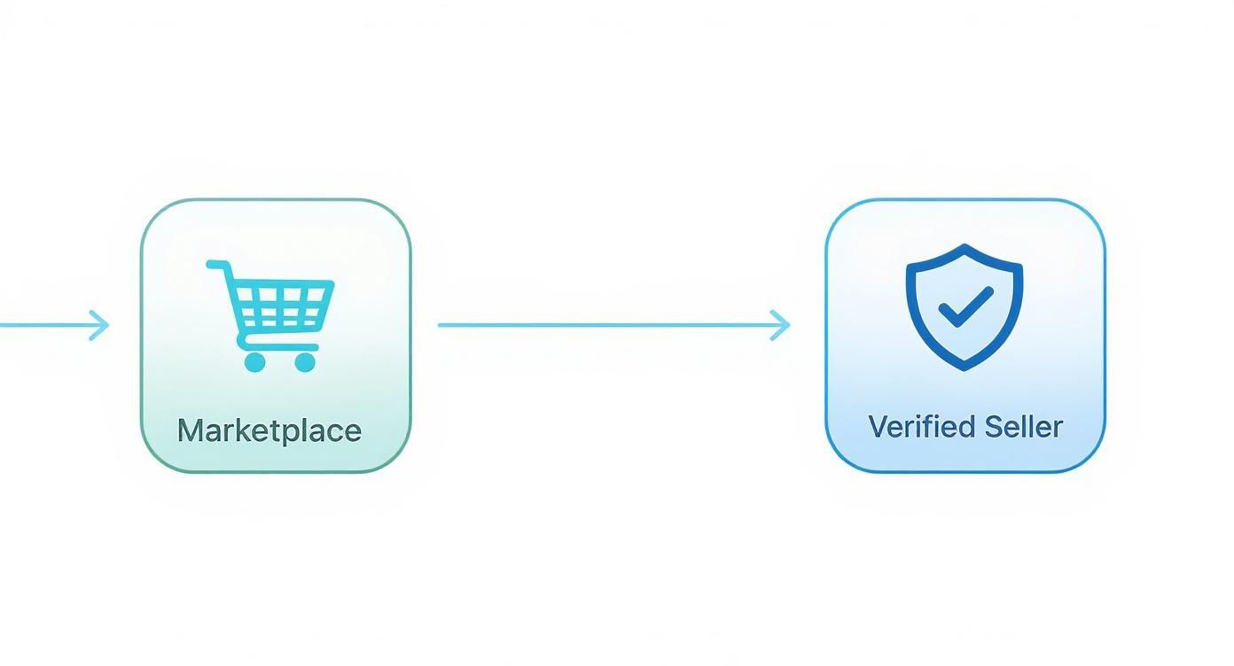 Infographic showing the process flow from an online marketplace to a verified seller, highlighting a safer path.