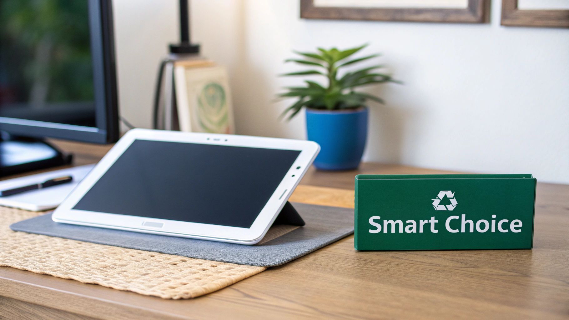 A white tablet on a stand next to a green 'Smart Choice' sign with a recycling symbol on a wooden desk.