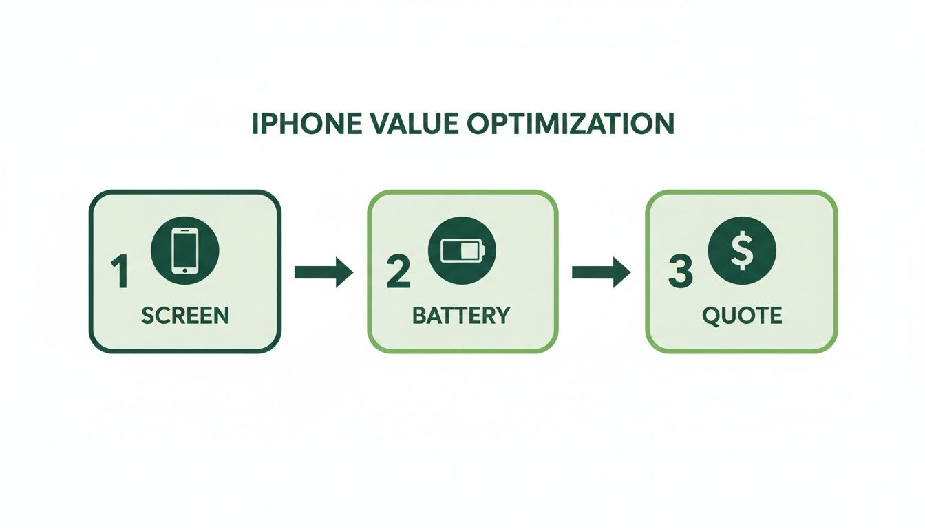 Flowchart showing three steps for iPhone value optimization: screen check, battery assessment, and final quote.