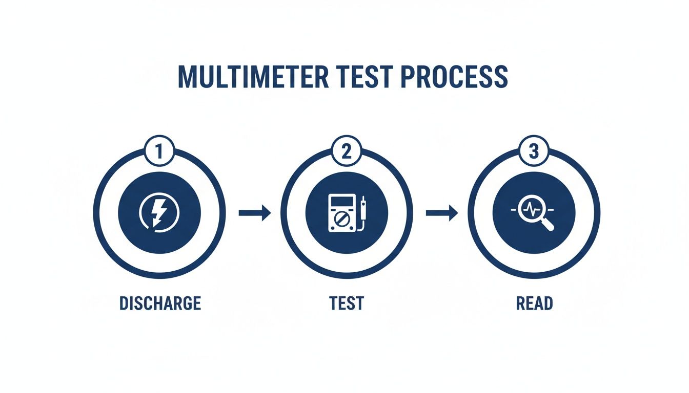 Infographic showing three steps of a multimeter test process: discharge, test, and read.