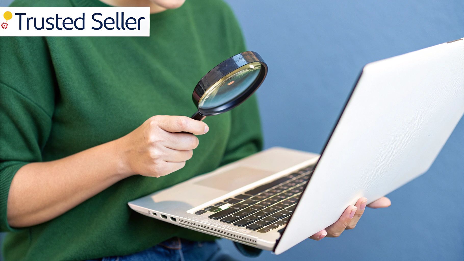 A person inspecting a refurbished laptop closely, checking its ports and screen for quality.