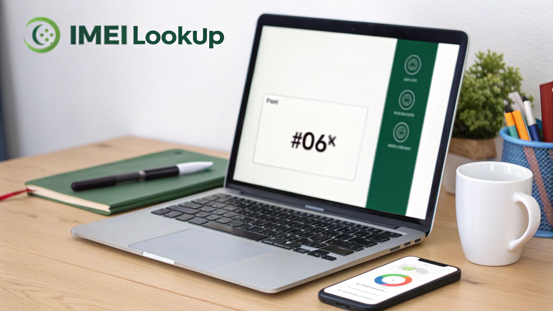 A laptop screen showing 'IMEI Lookup' and a phone code, with a smartphone and office supplies on a desk.