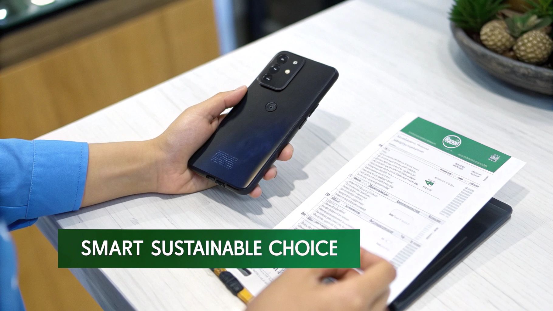 A person's hands holding a black smartphone and a document with a green logo, indicating a smart sustainable choice.