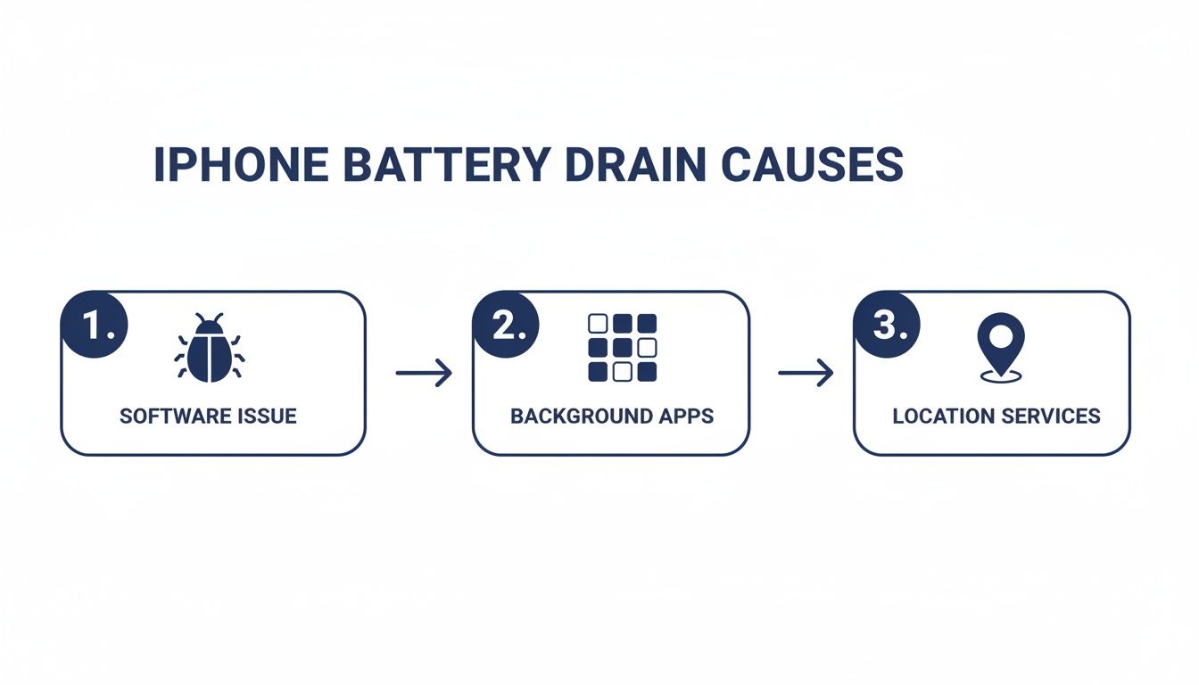 Infographic showing the top three iPhone battery drain causes: software issues, background apps, and location services.