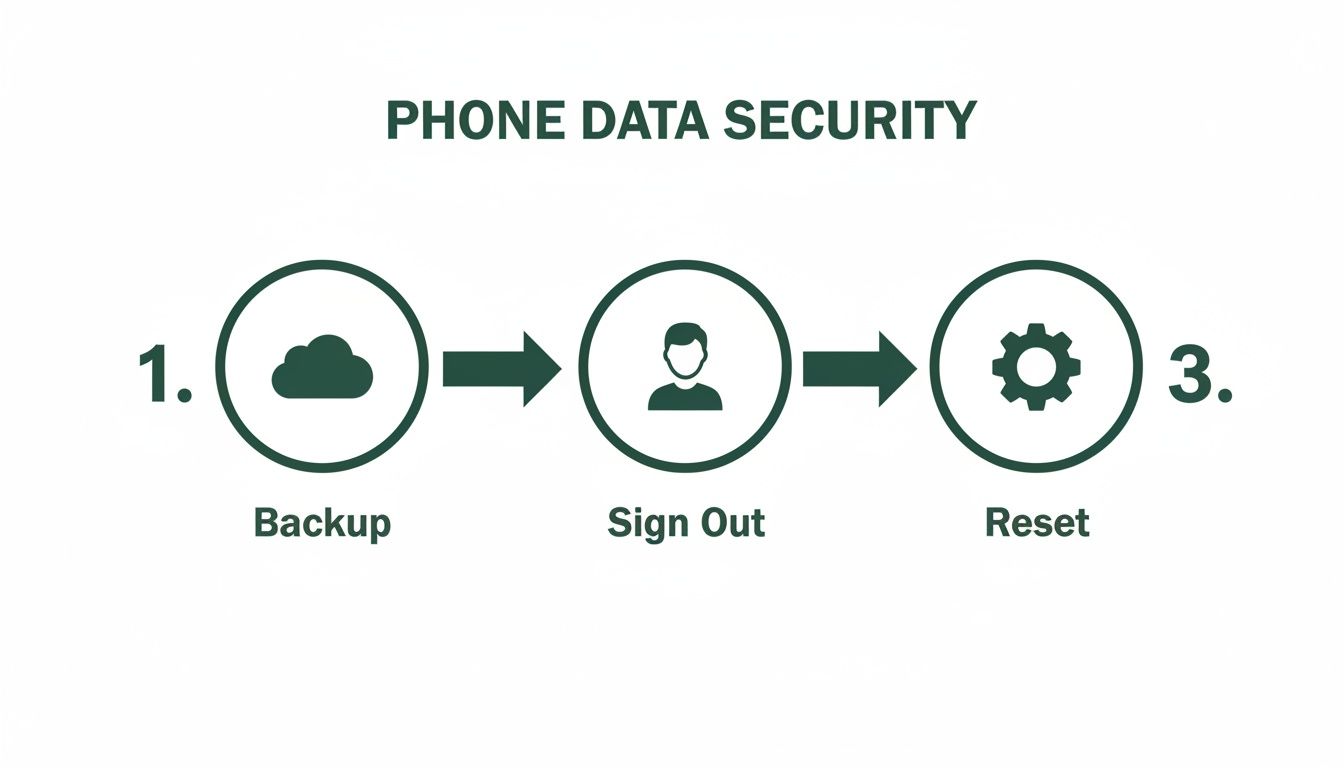 A three-step diagram for phone data security: 1. Backup, 2. Sign Out, 3. Reset.