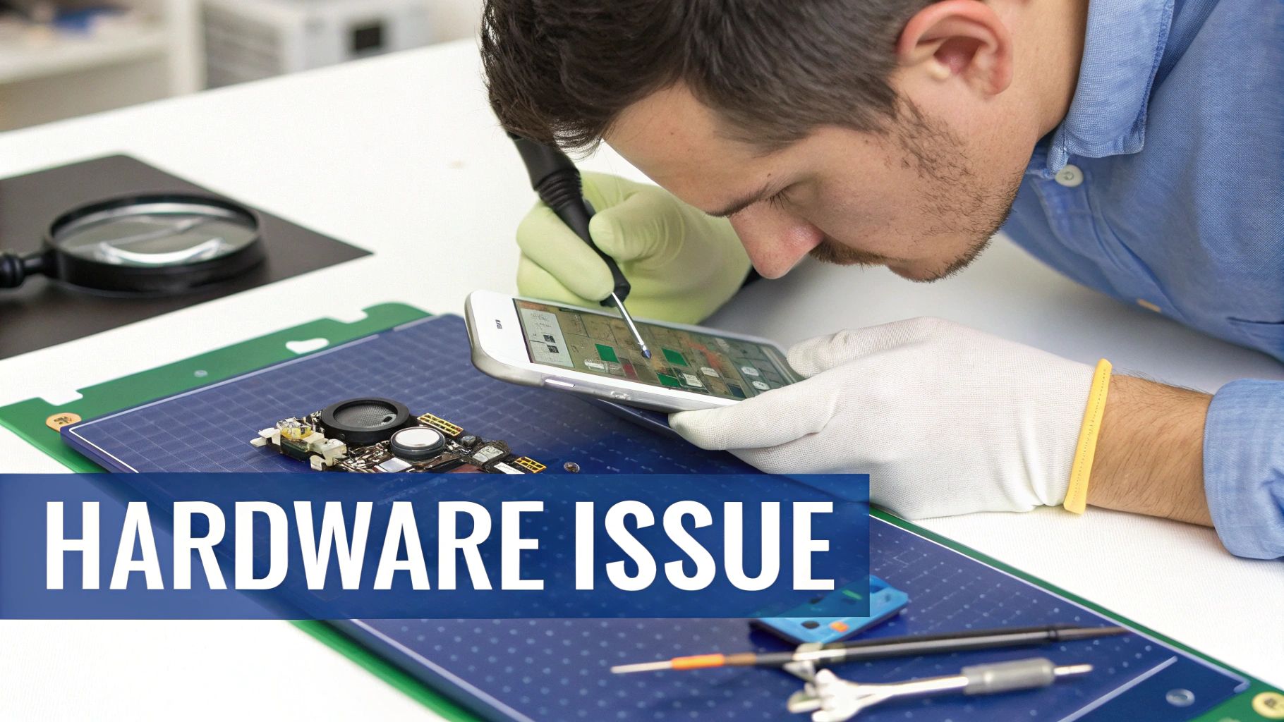 A technician wearing gloves meticulously examines a smartphone with a tool, troubleshooting a hardware issue.