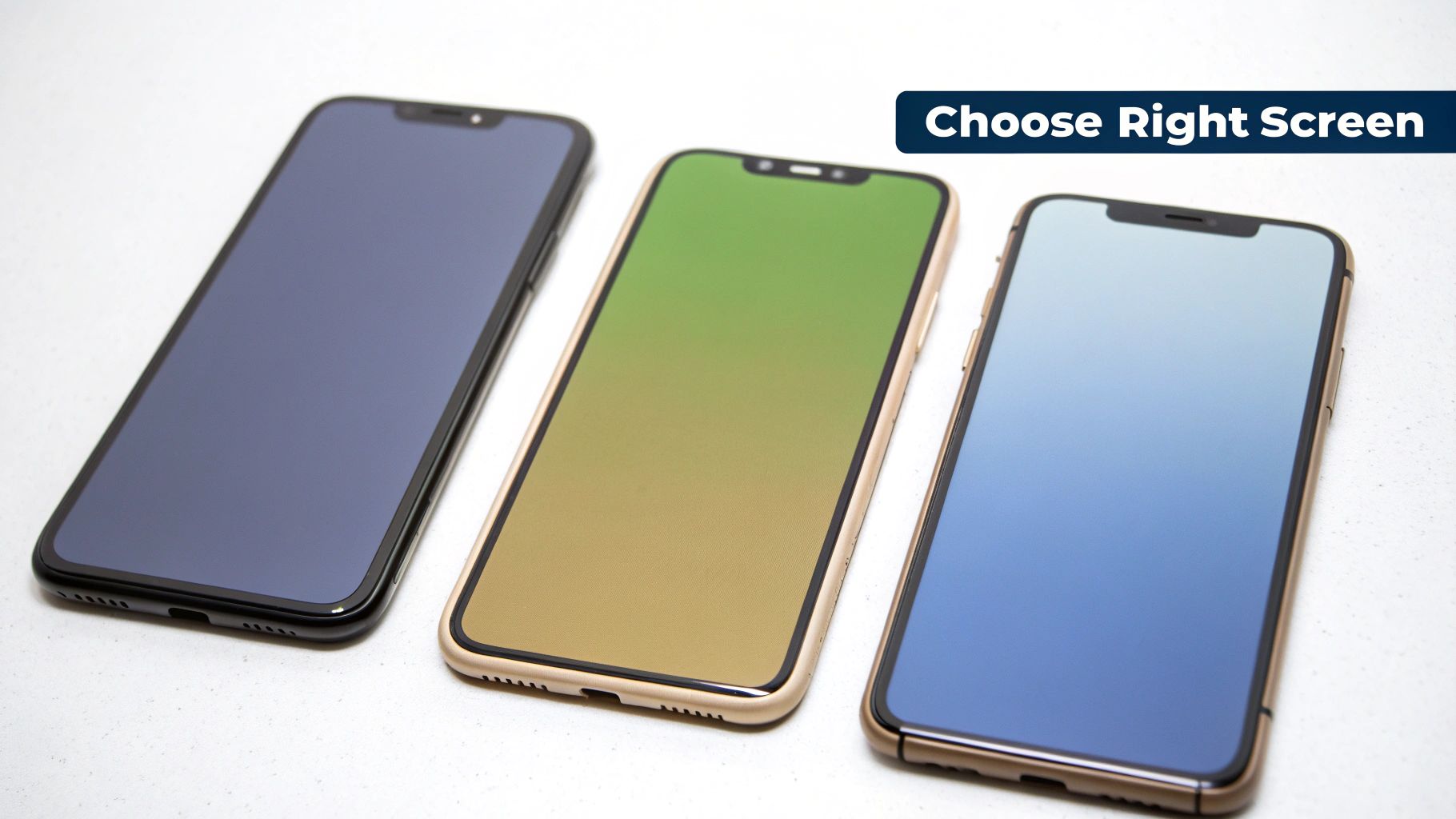 Three smartphones displaying different colored screens, with a 'Choose Right Screen' banner.