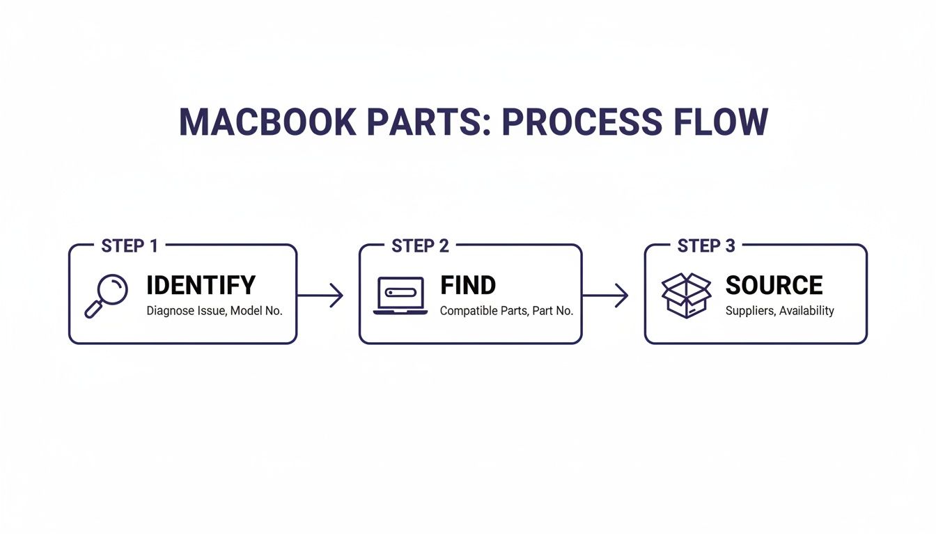 A clear process flow diagram outlining three steps for MacBook parts: identify, find, and source.