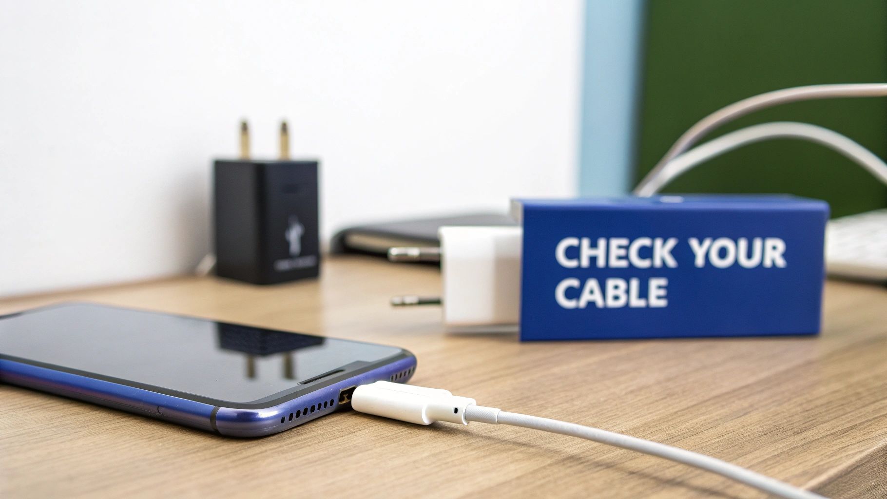 A close-up shot of a person inspecting a frayed white charging cable against a neutral background.