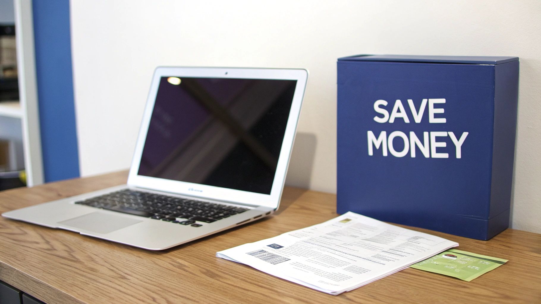A silver MacBook Air laptop, papers, and a blue 'SAVE MONEY' box on a wooden desk.