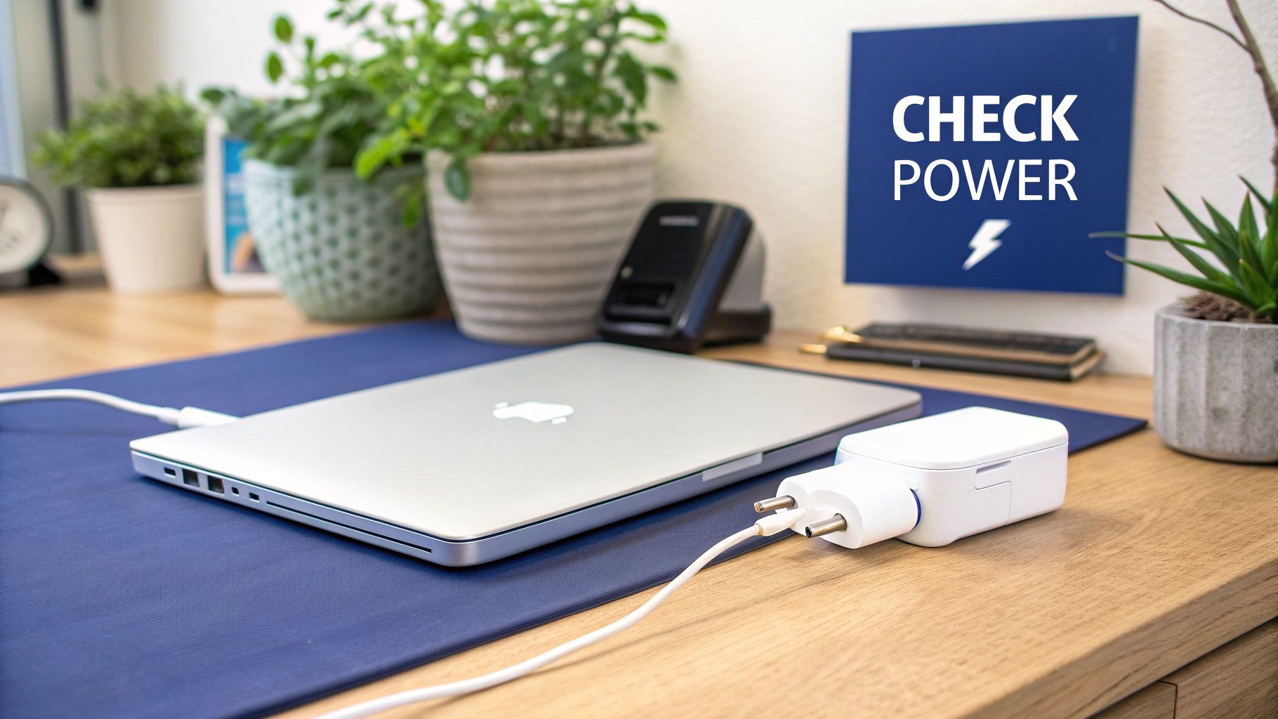A silver MacBook Pro laptop charging on a wooden desk with a 'CHECK POWER' sign in the background.