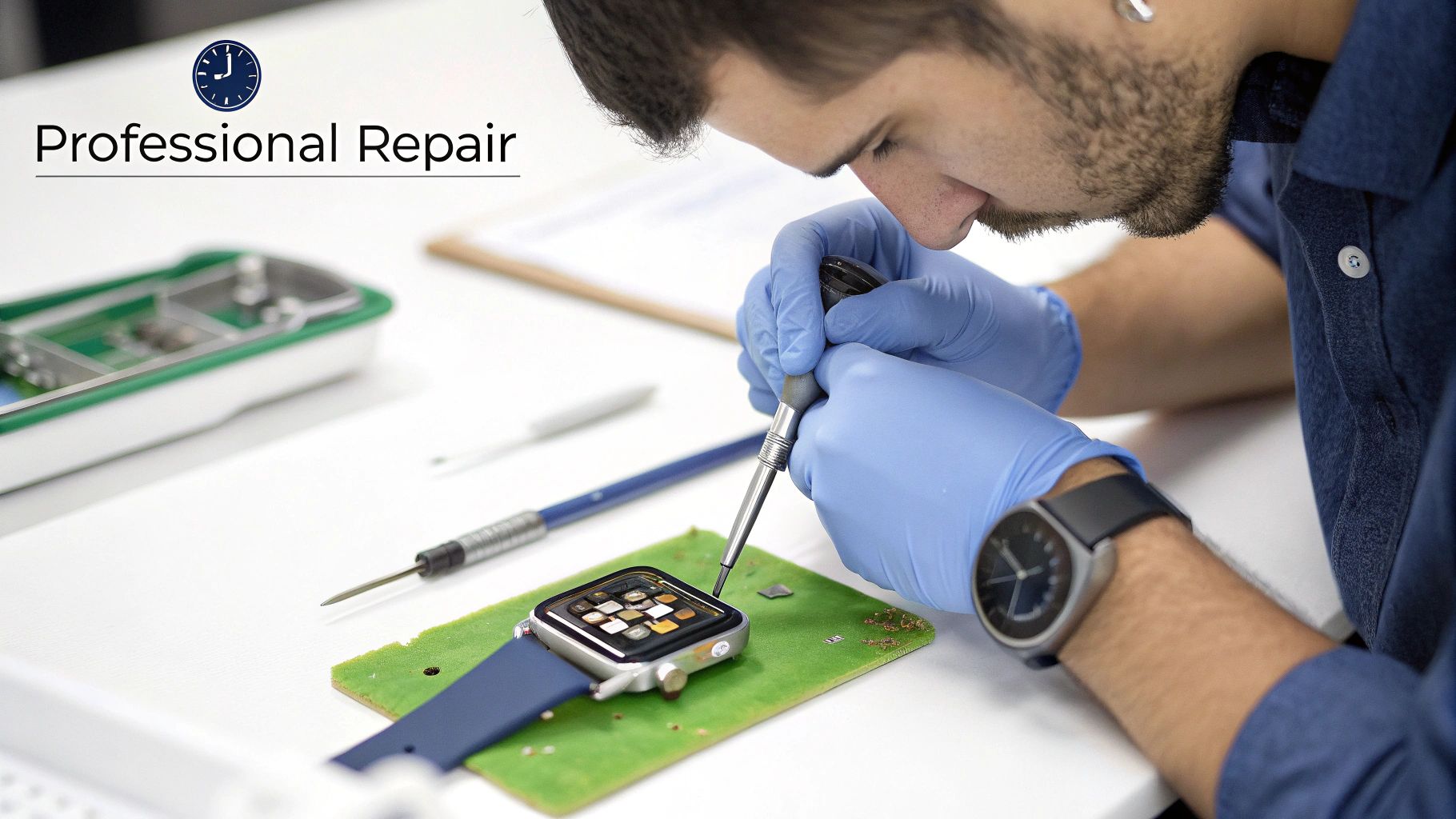 A technician at Screen Fixed Brisbane performs a delicate Apple Watch screen repair.