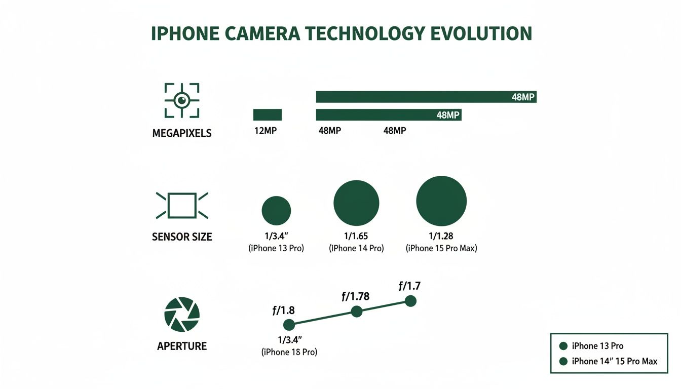 Chart comparing iPhone 13 Pro, 14 Pro, and 15 Pro Max camera specs: megapixels, sensor size, and aperture evolution.