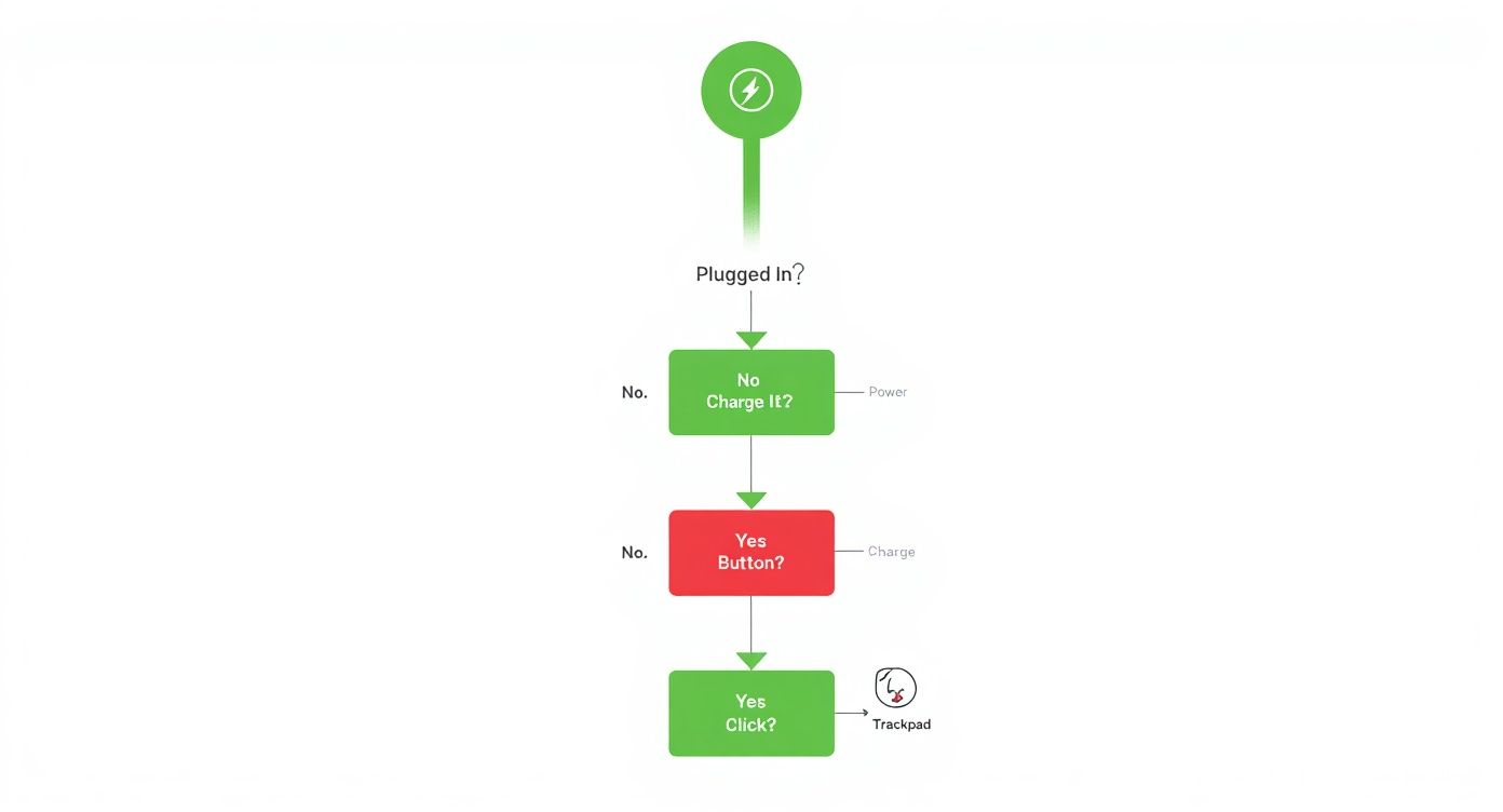 Flowchart troubleshooting MacBook Air power issues showing plug in charge it button click steps