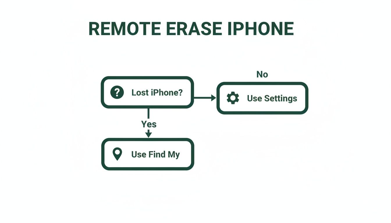 A clear flowchart illustrating how to remotely erase an iPhone, distinguishing between lost and accessible devices.