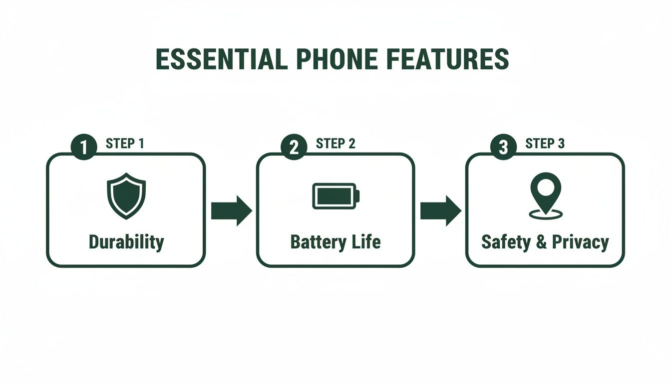 Infographic showing three essential phone features: durability, battery life, and safety & privacy.