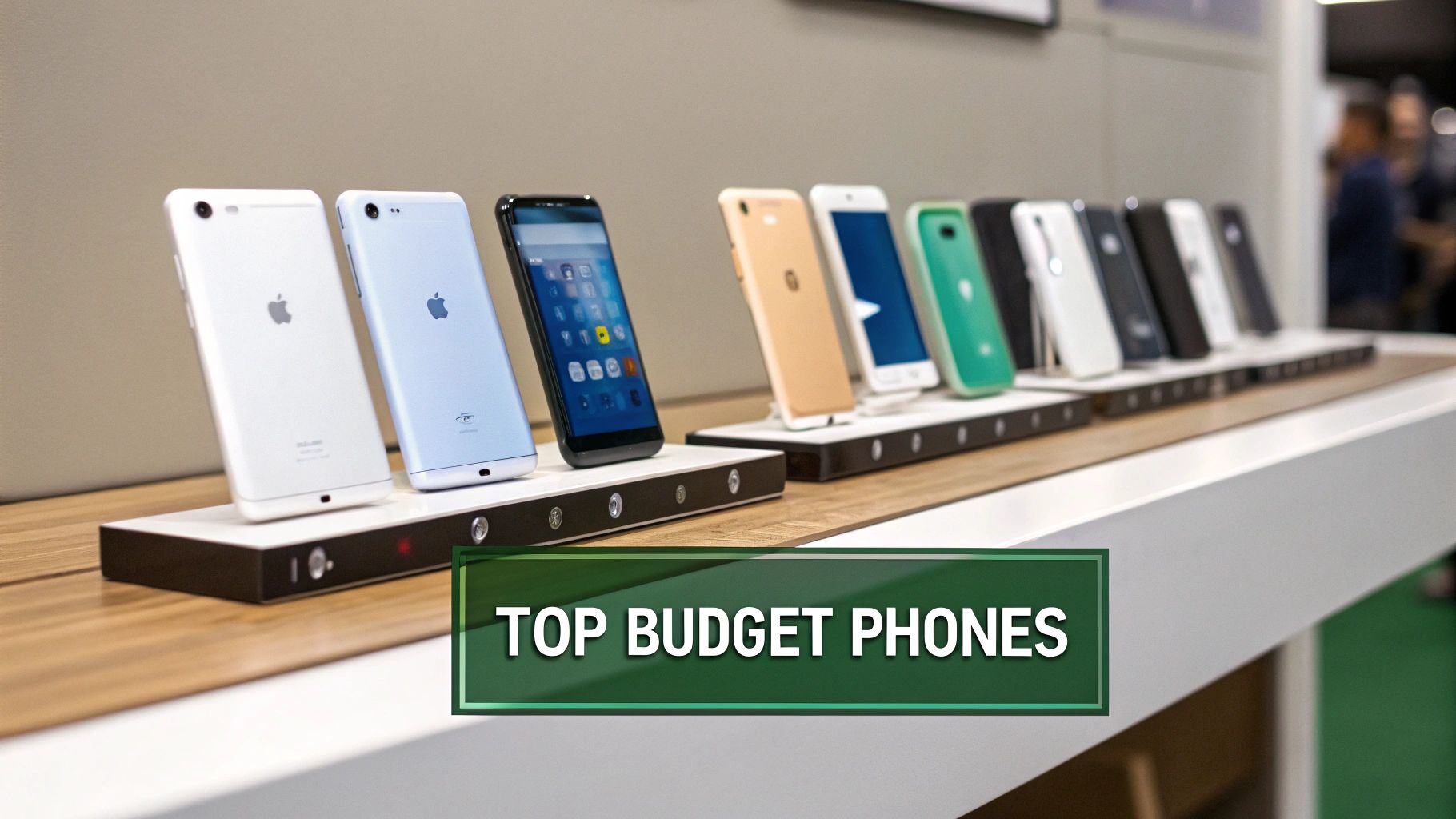 Display of budget smartphones in various colors arranged on wooden retail counter with charging stands