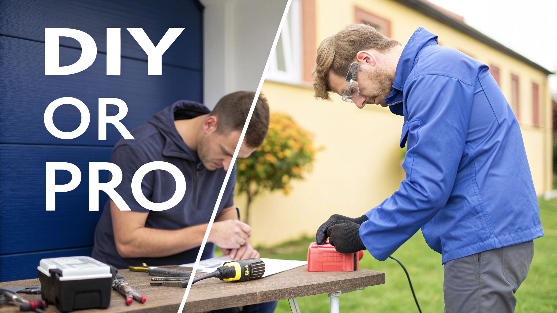 DIY versus professional contractor comparison showing two people working on home improvement projects outdoors