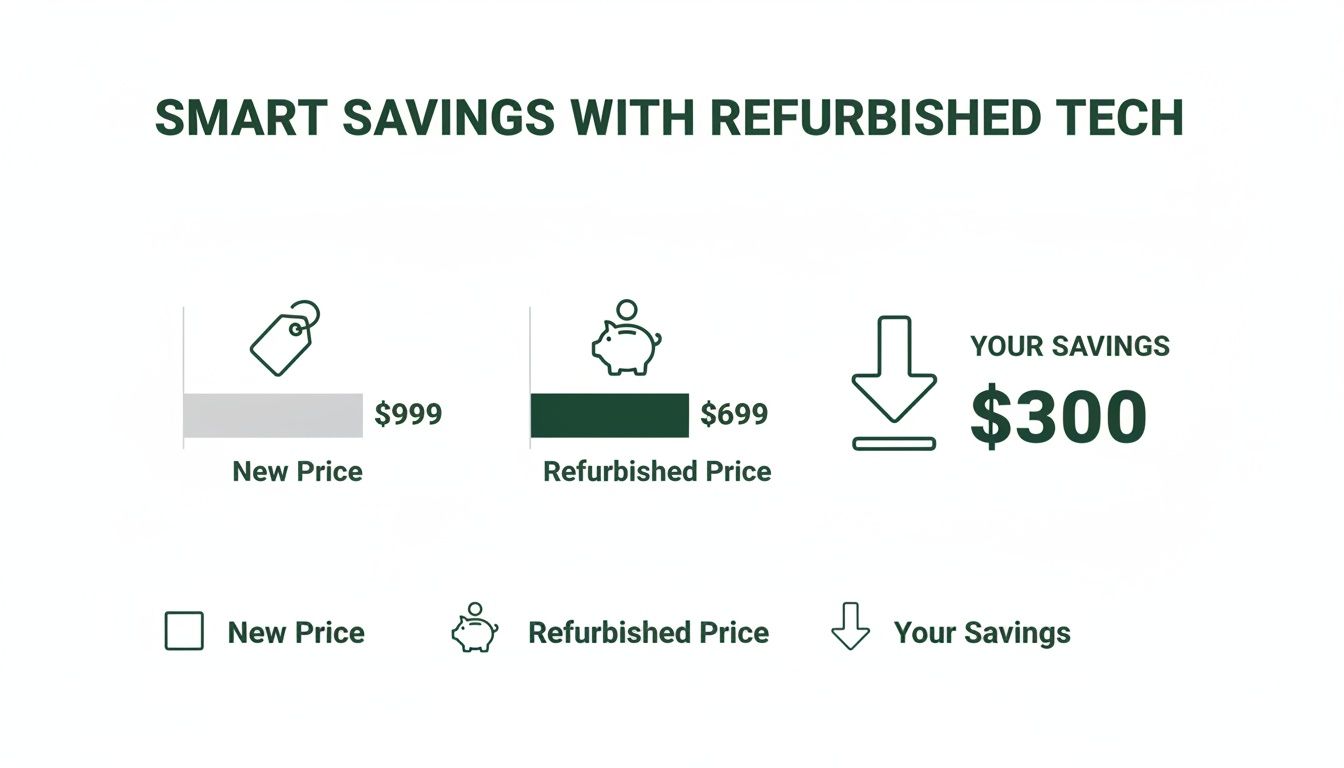 Infographic showing smart savings on refurbished tech: New Price $999, Refurbished Price $699, Your Savings $300.