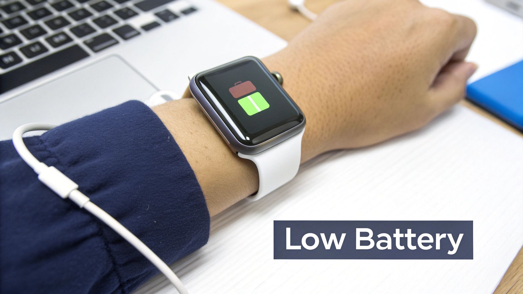 Close-up of an Apple Watch on a wrist, displaying a low battery indicator and connected to a charger.