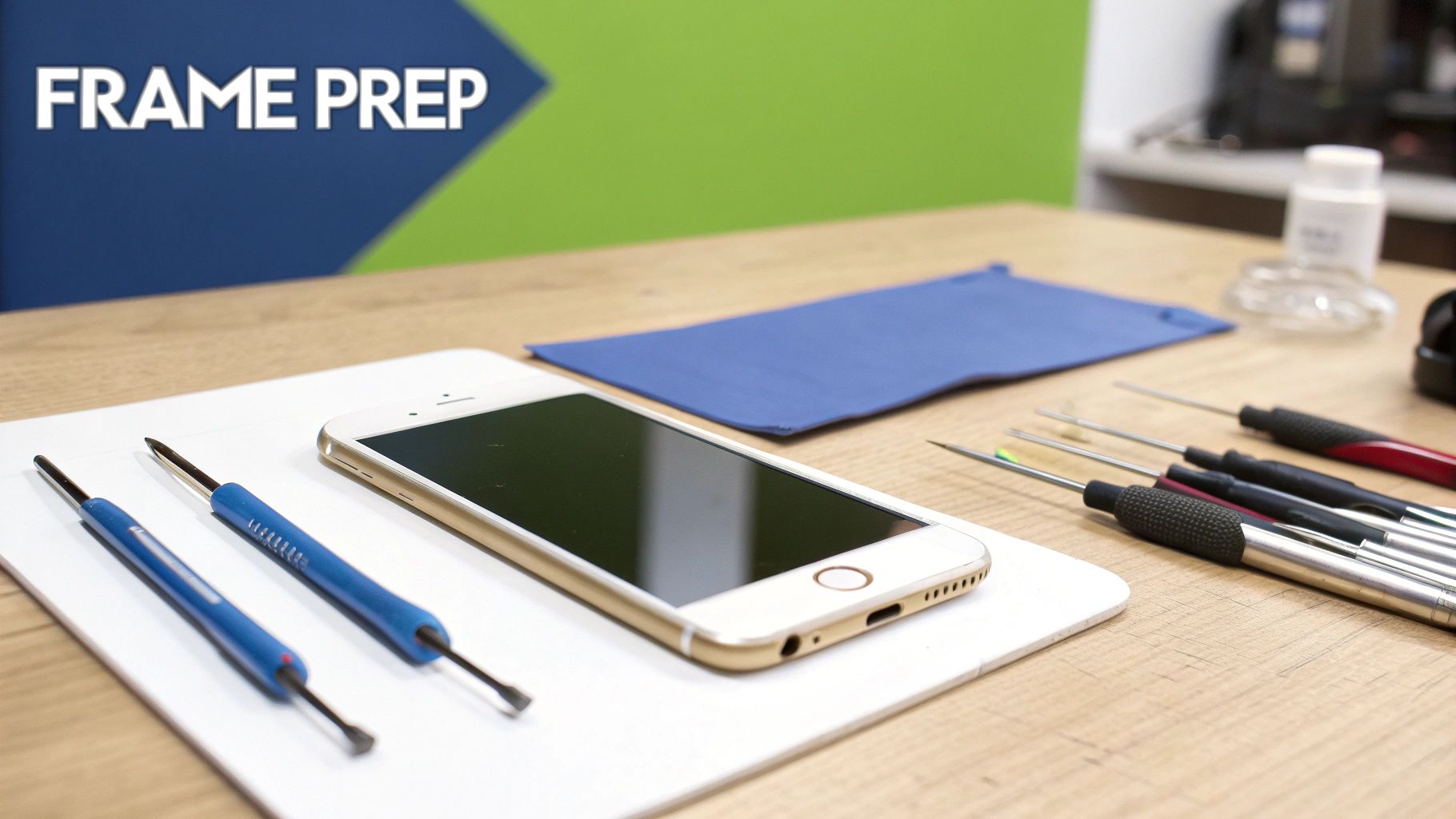 A gold iPhone, various repair tools, and a blue mat on a wooden table for frame prep.