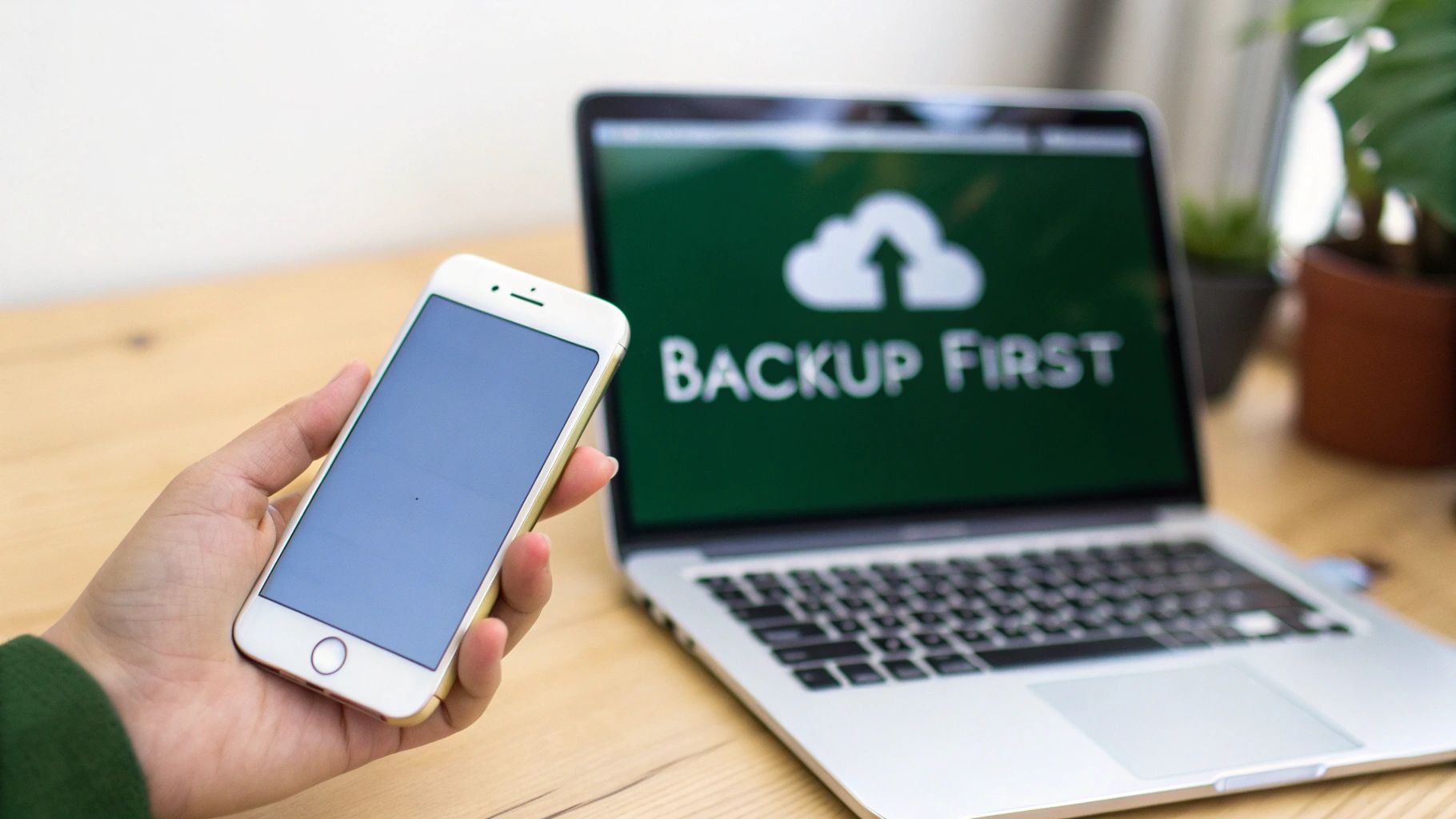 A hand holds a white iPhone, with a laptop screen in the background displaying 'BACKUP FIRST' and a cloud icon.
