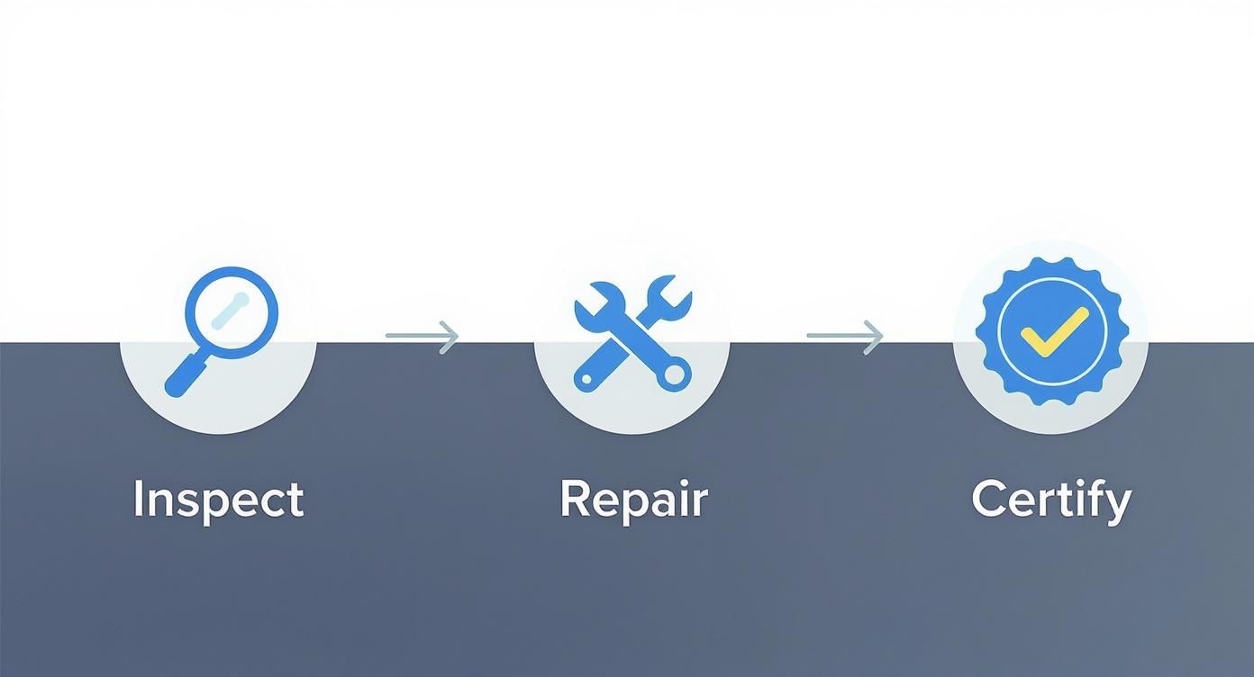 Three-step refurbishment process showing inspect with magnifying glass, repair with tools, and certify with approval badge