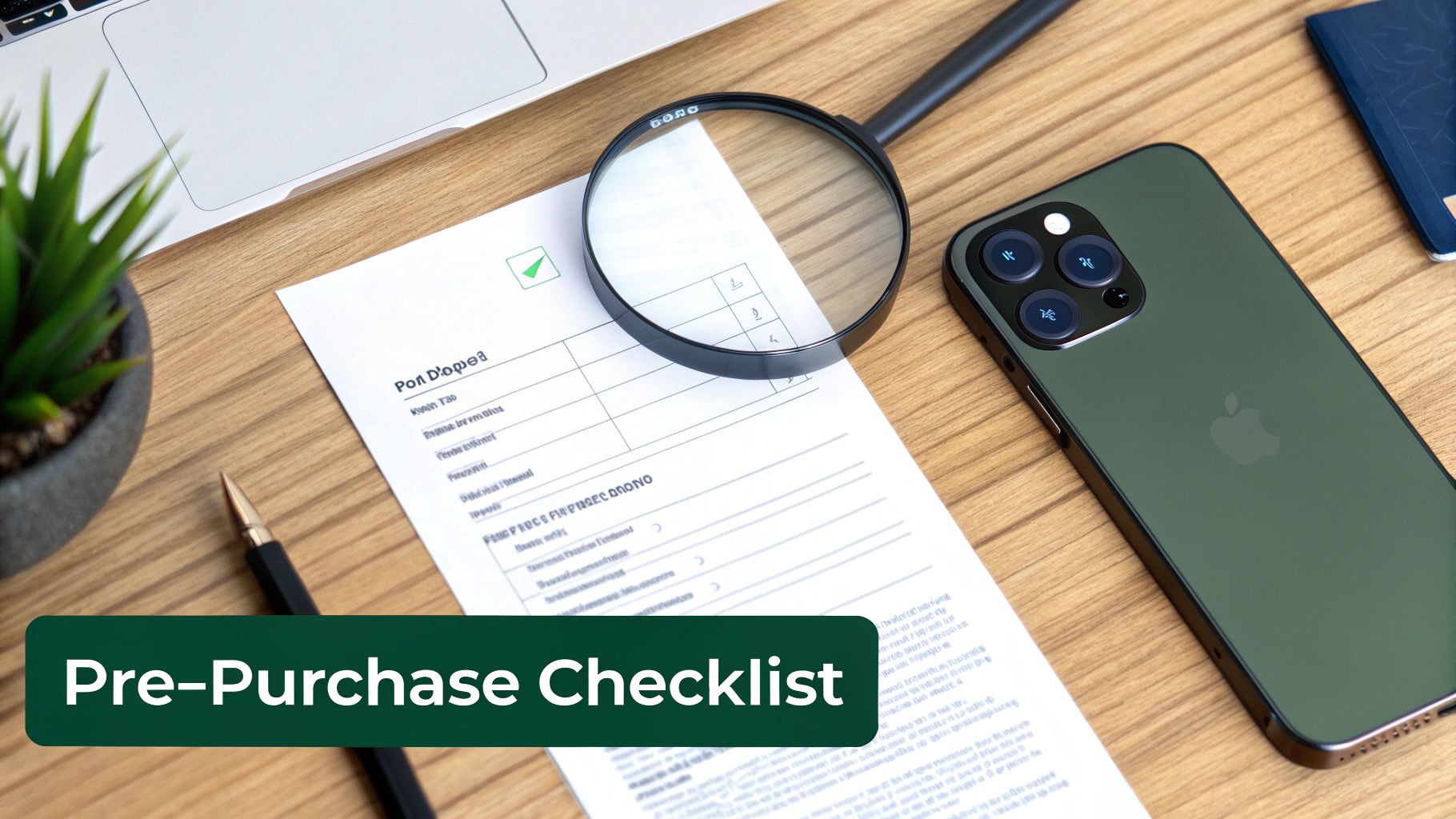 Pre-purchase checklist, magnifying glass, and green iPhone 14 Pro on a wooden desk.