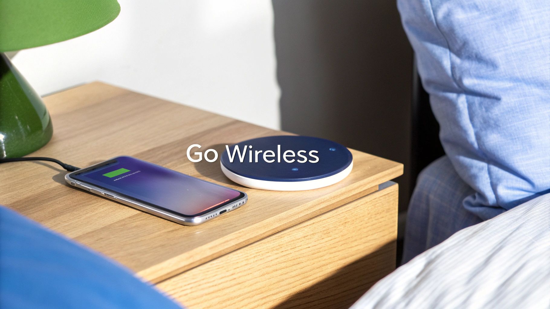 An iPhone charging wirelessly on a sleek, modern charging pad.