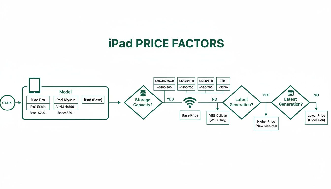 Flowchart detailing iPad price factors based on model, storage, connectivity, and generation.