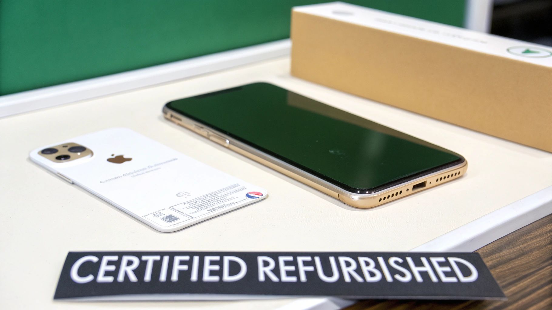 A vibrant and busy online marketplace for refurbished iPhones, showing a diverse selection of models and happy customers.