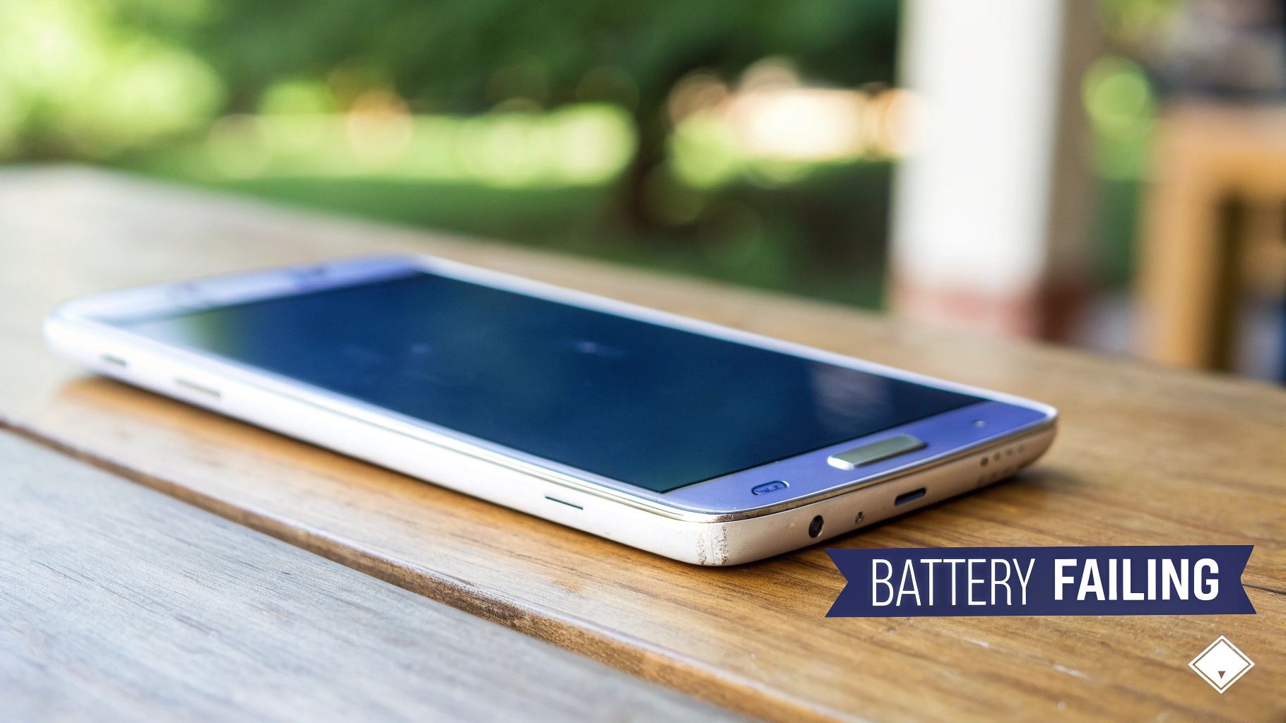 Close-up of a white Samsung smartphone with a dark screen on a wooden table, showing 'BATTERY FAILING' text.