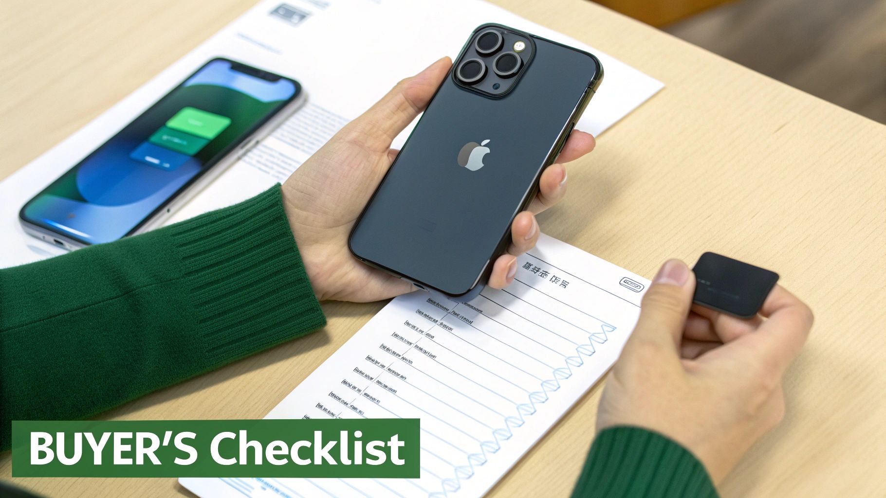 A person's hands are holding a dark gray iPhone 13 Pro and a small black item, with a buyer's checklist visible.