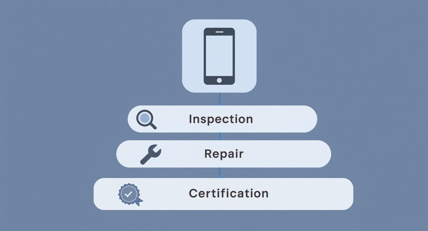 Infographic illustrating the refurbishment process from a used iPhone to an inspected, repaired, and certified device.