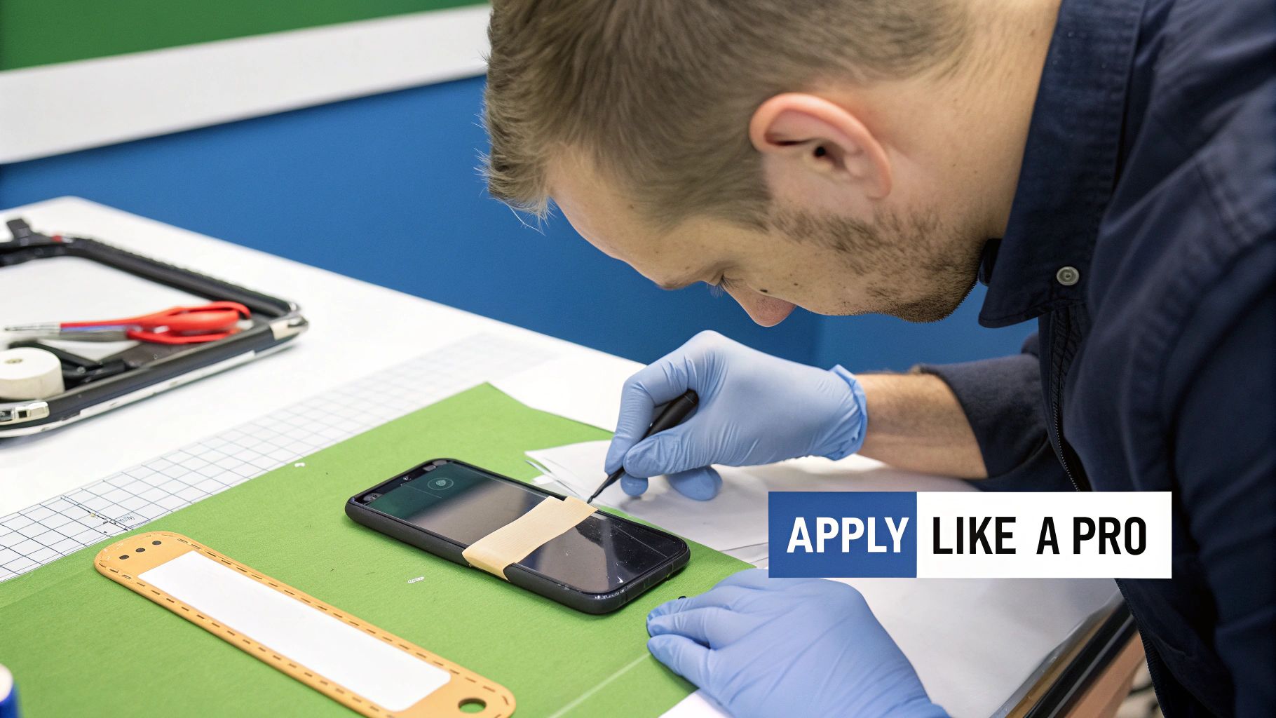 A technician carefully applying double tape adhesive to a smartphone frame during a repair.