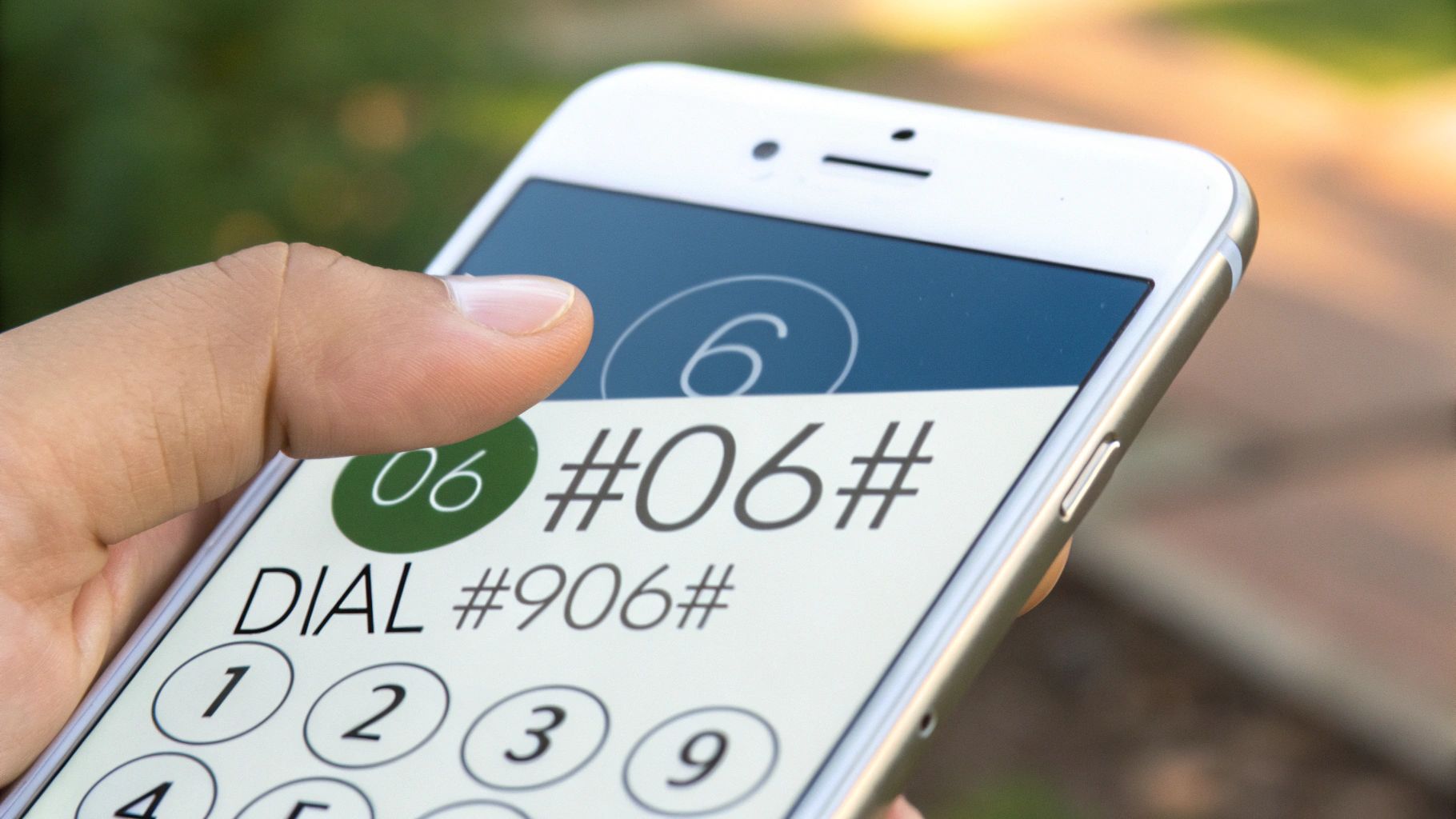 An iPhone screen showing the dial pad with *#06# typed in and the IMEI number displayed on screen.