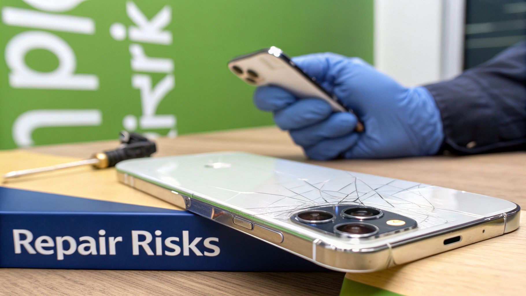 A damaged iPhone 14 Pro Max with cracked back glass, repair tools, and a gloved hand holding another phone.