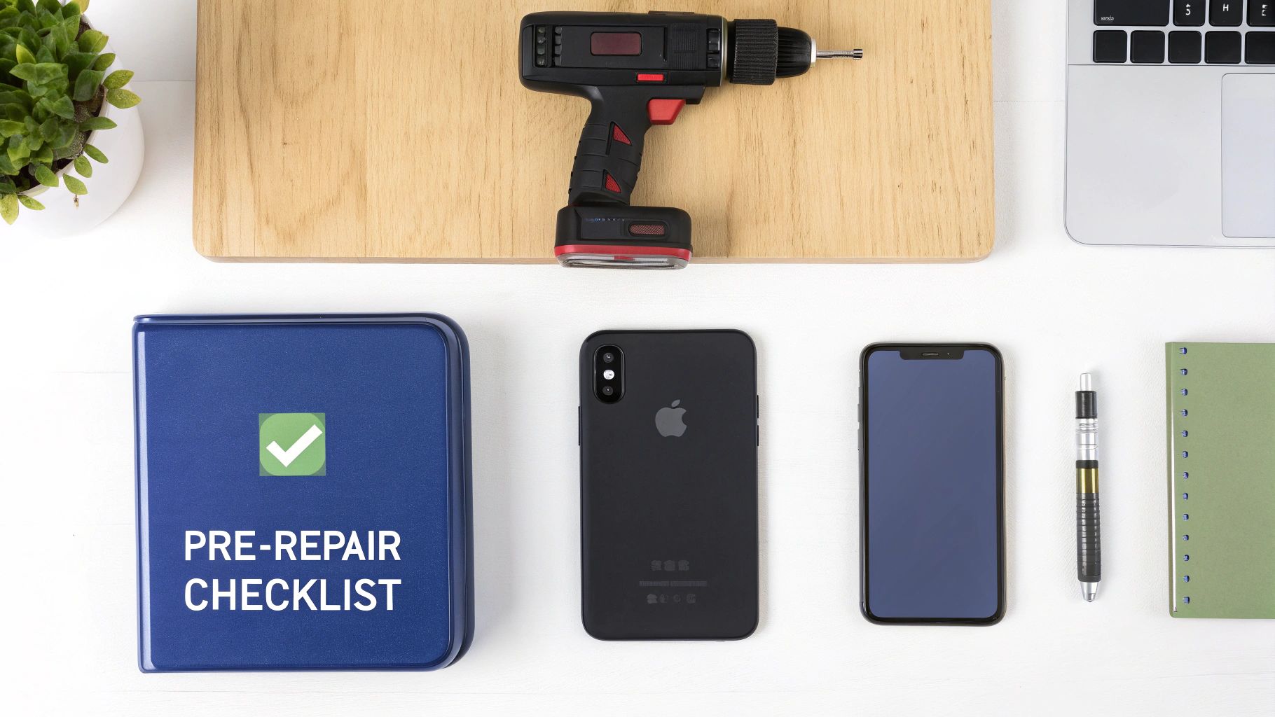 Top-down view of a tech repair workspace with phones, tools, a laptop, and a pre-repair checklist.