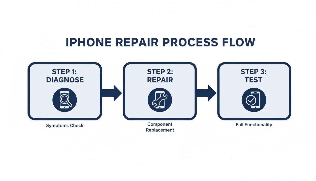 Flowchart outlining the iPhone repair process: diagnose symptoms, repair components, and test full functionality.