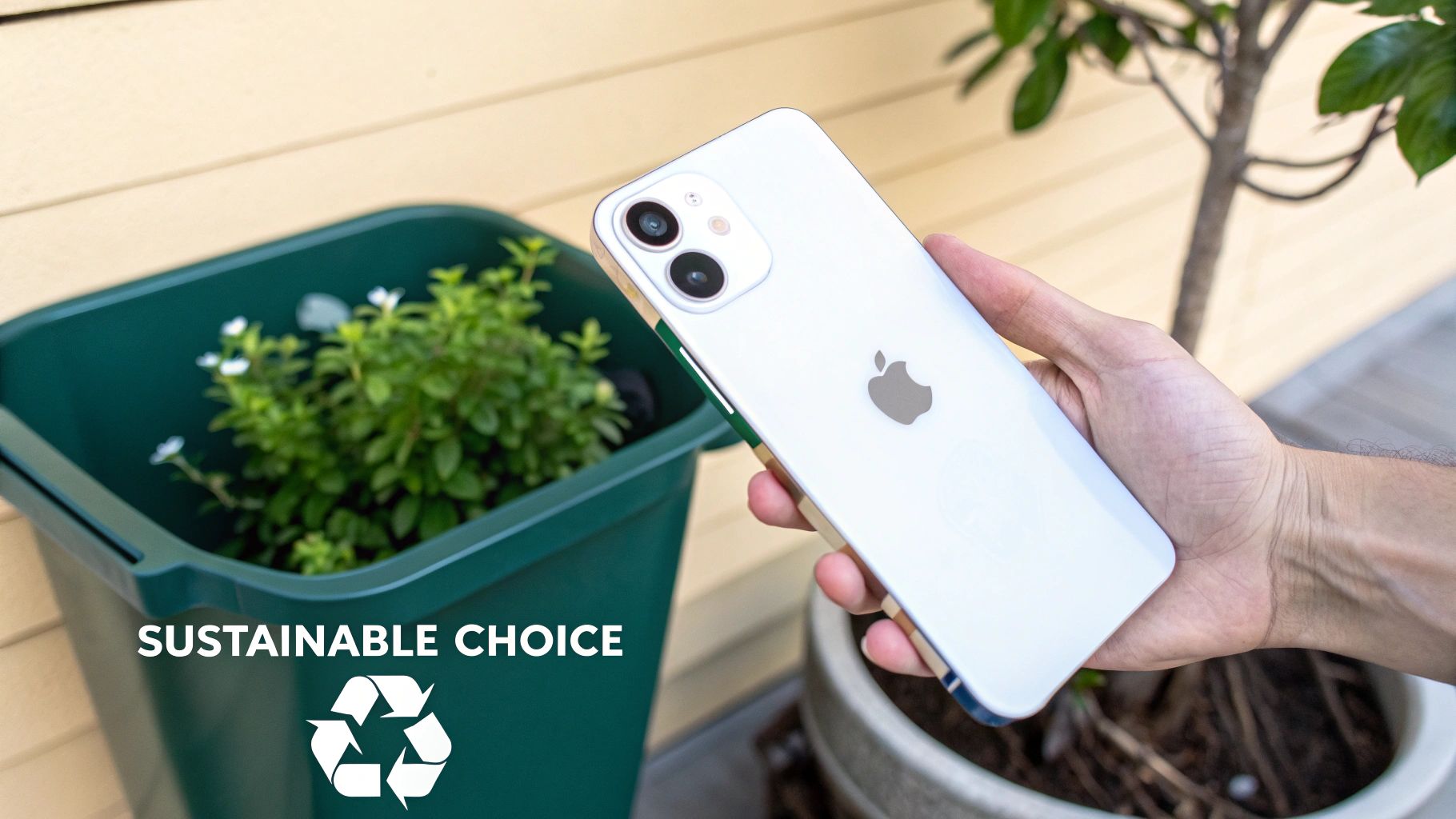 A hand holds a white iPhone with a green planter and recycling symbol, promoting sustainable choice.