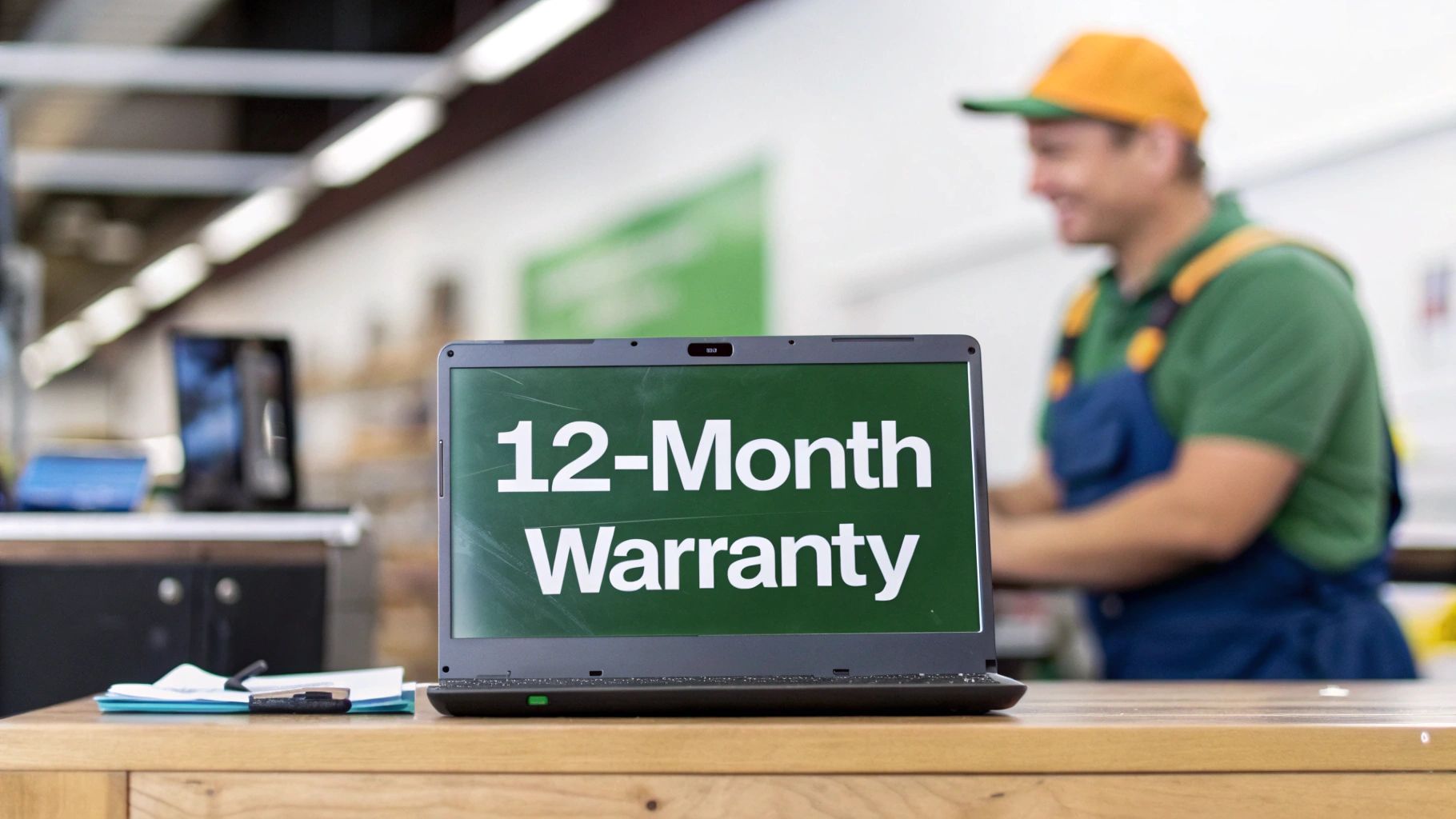 A black laptop on a wooden table displays '12-Month Warranty'. A blurry employee is in the background.
