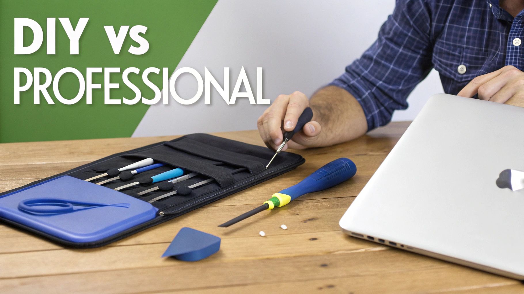 Person repairing a silver MacBook with a precision screwdriver from a toolkit, comparing DIY vs professional repair.
