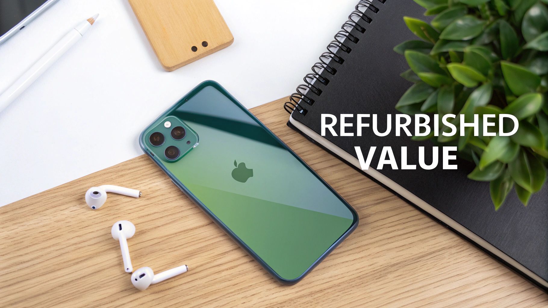 Flat lay of a green iPhone 11, AirPods, and office supplies with 'REFURBISHED VALUE' text.